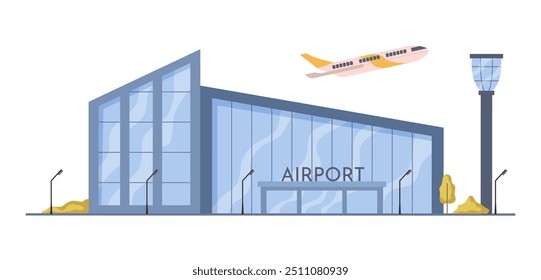 Edificio exterior del aeropuerto y torre de control o centro de mando. Vector plano de dibujos animados, fachada aislada de la estación con ventanas panorámicas y arquitectura moderna. Avión volador, avión de salida