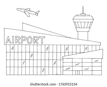 Airport building exterior graphic black white isolated sketch illustration vector