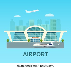 Airport building exterior with jet, airplane and city. Vector flat style illustration.