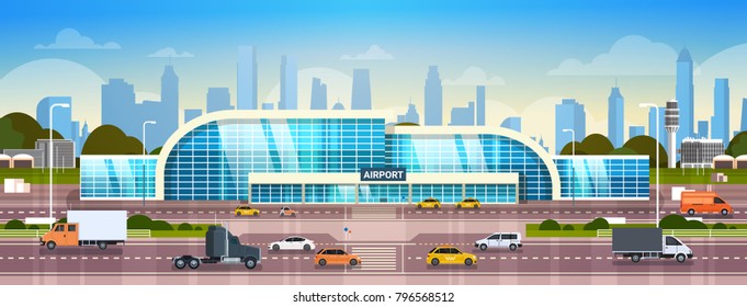 Airport Building Exterior Modern Terminal With Cars On High Way Road And Skyscrapers On Background Horizontal Banner Flat Vector Illustration