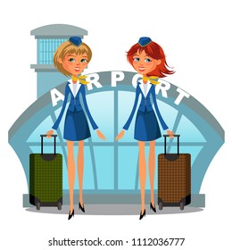 Airport building and flight attendant girls in uniform with suitcases in hands, air traffic personnel, airline stewardess caucasian woman have luggage isolated vector illustration, flying concept
