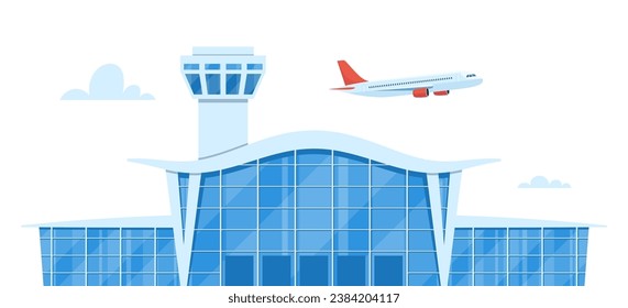Airport building with flying airplane over tower. Airport terminal facade. Panorama exterior of architecture construction for trips and travels, tourists. Vector illustration