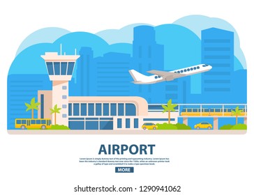 Airport building horizontal banner.Travel concept.Different types of public transport. Electric train,yellow taxi cab,tourist bus.Passenger airlines plane.Dispatching tower of the terminal flat vector