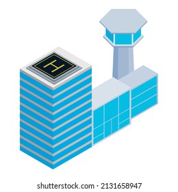 Airport building icon isometric vector. Terminal building and rooftop helipad. Control tower, transport infrastructure, civil aviation