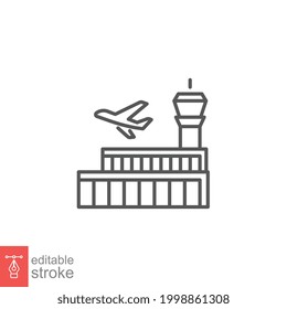Airport Building Line Icon Symbol. Airplanes On Runway, Aircraft Control Tower Terminal Building. Travel F Tourism Planning Editable Stroke Vector Illustration Design On White Background EPS 10