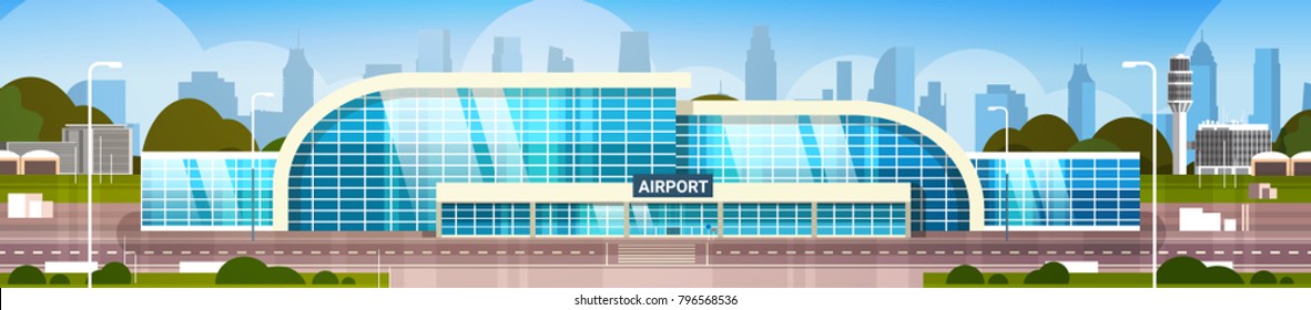 Airport Building Modern Terminal Exterior With City Skyscrapers On Background Horizontal Banner Flat Vector Illustration