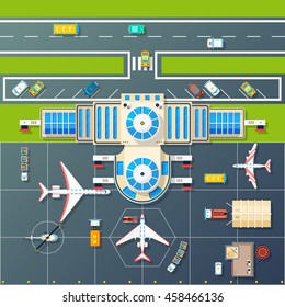 Airport building and parking airfield area for planes and helicopter with motorway top view abstract vector illustration 