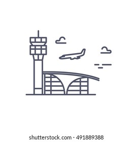 Airport Building. Plane Is Landing. Vector Line Icon.