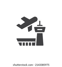 Airport building and plane vector icon. filled flat sign for mobile concept and web design. Flight control tower and airplane glyph icon. Symbol, logo illustration. Vector graphics