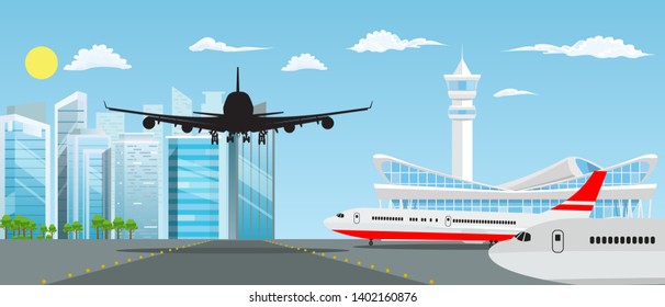 Airport building and planes with nice cityscape in background. Vector illustration.