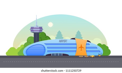 Airport building, runway for airplanes, airport landscape, interior of building, surrounding area, city streets, places for machines on road of city. Vector illustration isolated.