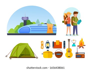 Airport building, runway for airplanes, airport landscape. Group of tourists with their accessories, backpack, camera, suitcase, compass, credit card, glasses,tourist tent. Travel trip vector