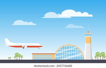 Edificio del aeropuerto. Aeropuerto, pista, aterrizaje del avión. Vector, ilustración de diseño. Vector.