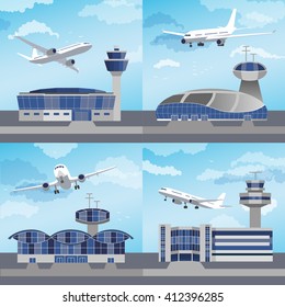 Airport building set with control towers ans planes. Flat design. Vector Illustration