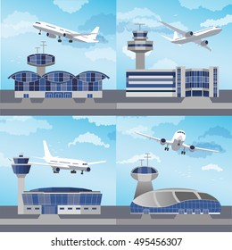 Airport building set with control towers ans planes. Flat design. Vector Illustration