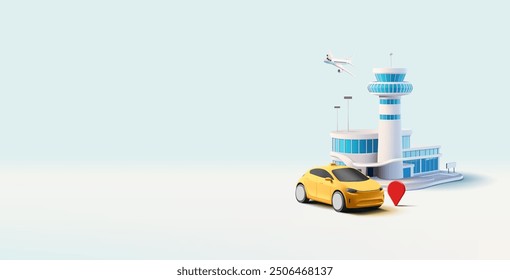 Edificio del aeropuerto, taxi, avión, 3D. Imagen realista para conceptos de transporte de pasajeros, servicio de taxi, servicio, negocios y transporte comercial. Anuncio para el Diseño web. Vector