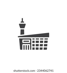 Airport building and tower vector icon. filled flat sign for mobile concept and web design. Airport terminal glyph icon. Symbol, logo illustration. Vector graphics