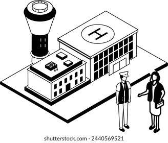 airport building with Traffic Control Tower isometric concept vector icon design, Business Center Open symbol, Financial Partnership sign, Buy Operating Business Commercial Deal stock illustration