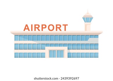 Airport building vector illustration isolated on white. Modern air flight terminal with big glass windows. Front view of entrance in public transport construction. Urban infrastructure infographics.