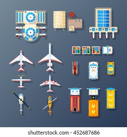 Airport buildings airfield parking area air transport and ground service facilities elements top view set isolated vector illustration