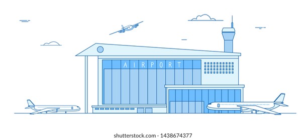 Airport buildings. Landing airplanes international terminal building aircraft runway business cargo transportation line vector concept. Building airport, plane departure and arrive illustration