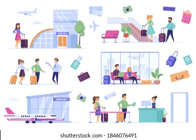 Airport bundle of flat scenes. Airplane boarding isolated set. Tourist with luggage, airport terminal, jet plane, departure lounge, security check elements. Air traveling cartoon vector illustration.
