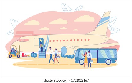 Airport Bus brings VIP of First-class Passengers on Airfield to Plane. Stewardess Welcomes Smartly Dressed Business Class Passengers Ascending an Airplane Gangway. Flat Cartoon Vector Illustration.