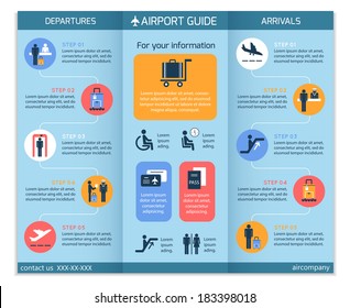 Airport business infographic brochure template with security check workflow steps vector illustration