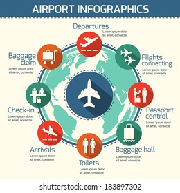 Airport business infographic presentation template concept design world map and airport service icons vector illustration