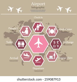 Airport business infographic presentation template concept design on  world map and airport service icons. vector illustration 