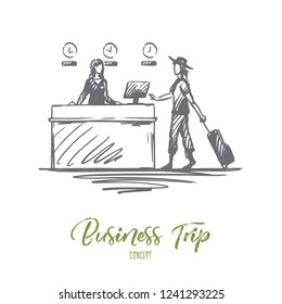 Airport, business trip, design, businesswoman, lifestyle concept. Hand drawn businesswoman with luggage at airport registration concept sketch. Isolated vector illustration.