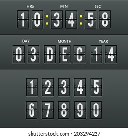 Airport characters and numbers in vector calendar and clock with numbers set. Vector Illustration for arrivals and countdown.