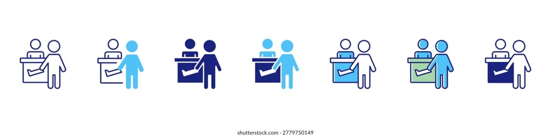 Airport check in activity icon set passenger registration counter boarding luggage travel service vector illustration