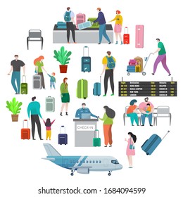 Airport and check in area. Cartoon characters woman and man international airport, counter gate with weighting luggage belt, security check point metal detector, flight schedule. Vector illustration.
