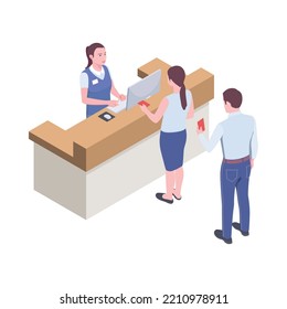 Airport check in counter with worker and travellers 3d isometric vector illustration