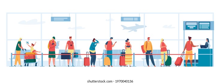 Airport check in desk queue. People with luggage waiting in line at registration desk, passport control, departure terminal Vector illustration. Male and female characters with kids