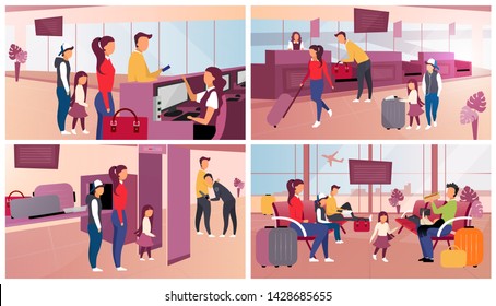 Airport check in flat vector illustrations set. Passport and security control, luggage check. Tourists in airport. Passengers in waiting room expecting departure, boarding cartoon characters