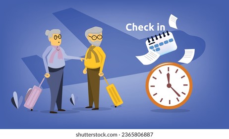 Airport check in illustration. old couple shock for checkin time. time and date to check in vector illustration. senior traveller design concept