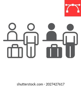 Airport Check In Line And Glyph Icon, Person With Luggage At Registration Desk, Airport Reception Vector Icon, Vector Graphics, Editable Stroke Outline Sign, Eps 10