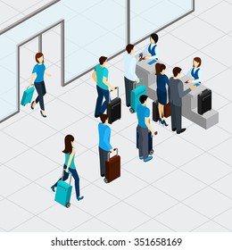 Airport Check In Line With Isometric People With Suitcases Vector Illustration