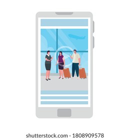 airport check in passengers standing before travel in smartphone, app online travel vector illustration design