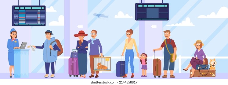 Registro de aeropuerto en cola. Salida de la línea de espera, gente con maletas y mochila. Personajes de caricatura que van a abordar la escena vectorial decente de la puerta