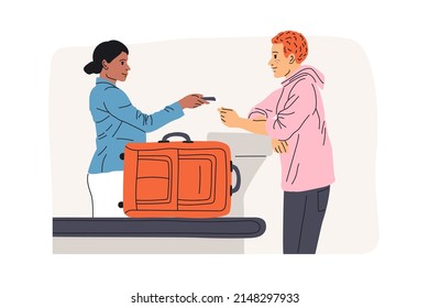 Airport Check in registration airport passengers standing in queue departures board concept.  Check-in flat vector illustration. Passenger check-in, weighing and baggage drop-off.