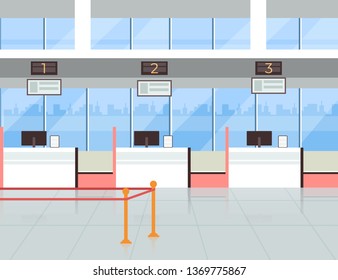 Airport check in registration tickets terminal room. Travel vacation trip tourism concept. Vector flat cartoon graphic design illustration