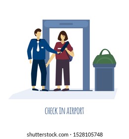 Airport check in safety control inspection. Woman passenger and man uniform guard vector illustration. Travel baggage detector checkpoint people characters. Metal scanner staff.