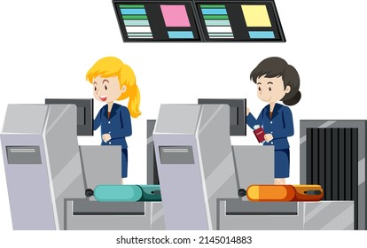 Airport check-in counter with ground service staffs illustration