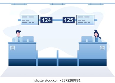 Airport check-in counters. Employees works at workplaces. Ground staff assistance. Airport interior. Passenger check-in, weighing and baggage drop-off. Characters in trendy style. Vector illustration