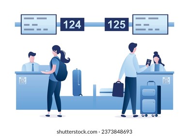 Contadores de facturación del aeropuerto. Los empleados trabajan en lugares de trabajo. Asistencia al personal sobre el terreno. Turistas en el interior de la terminal de salida. Registro de entrada, pesaje y entrega de equipaje de los pasajeros. Ilustración vectorial plana