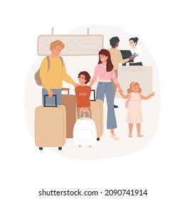 Airport check-in isolated cartoon vector illustration. Family in the airport, going on vacation, parents and kids standing in a line for check-in, many suitcases, holiday trip cartoon vector.