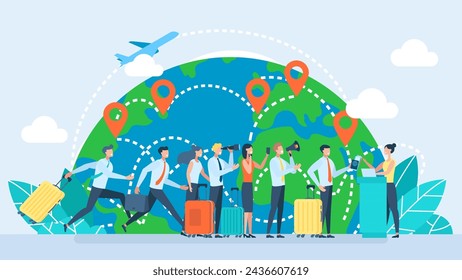 Airport check-in passengers standing in line before travel. Planes are flying in midair and positioning pins are attached to various places in the world for travel concept. Vector flat illustration 